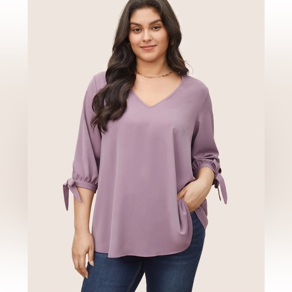 BloomChic Plus Size 3XL Plain Knotted Sleeve V Neck Blouse us22-24 - Picture 1 of 6
